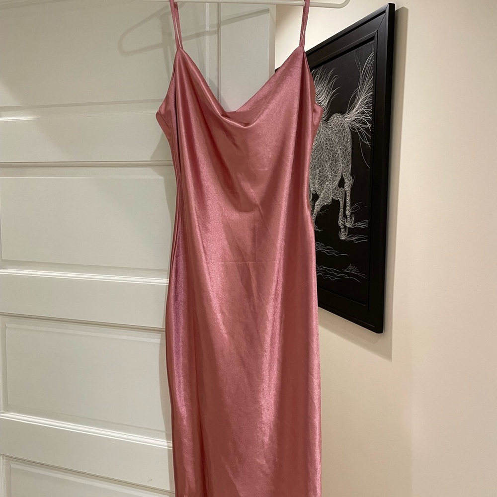 Satin rose mauve cowl neck stretchy midi dress